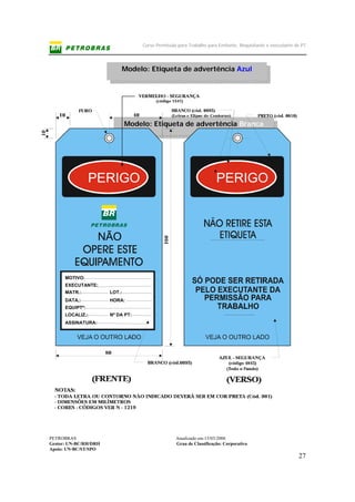 Curso Permissão para Trabalho para Emitente, Requisitante e executante de PT
PETROBRAS Atualizado em:15/03/2006
Gestor: UN-BC/RH/DRH Grau de Classificação: Corporativo
Apoio: UN-BC/ST/SPO
27
Modelo: Etiqueta de advertência Azul
Modelo: Etiqueta de advertência Branca
PERIGO PERIGO
NÃO
MOTIVO:
EXECUTANTE:
ASSINATURA:
EQUIPTº:
MATR.:
DATA.:
LOCALIZ.:
LOT.:
HORA:
Nº DA PT:
 