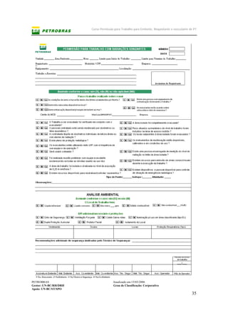 Curso Permissão para Trabalho para Emitente, Requisitante e executante de PT
PETROBRAS Atualizado em:15/03/2006
Gestor: UN-BC/RH/DRH Grau de Classificação: Corporativo
Apoio: UN-BC/ST/SPO
35
 