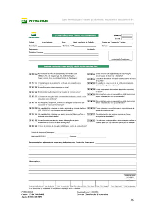 Curso Permissão para Trabalho para Emitente, Requisitante e executante de PT
PETROBRAS Atualizado em:15/03/2006
Gestor: UN-BC/RH/DRH Grau de Classificação: Corporativo
Apoio: UN-BC/ST/SPO
36
 