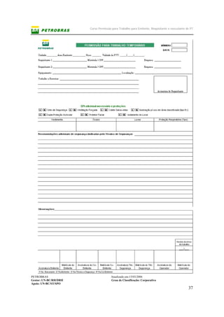 Curso Permissão para Trabalho para Emitente, Requisitante e executante de PT
PETROBRAS Atualizado em:15/03/2006
Gestor: UN-BC/RH/DRH Grau de Classificação: Corporativo
Apoio: UN-BC/ST/SPO
37
 