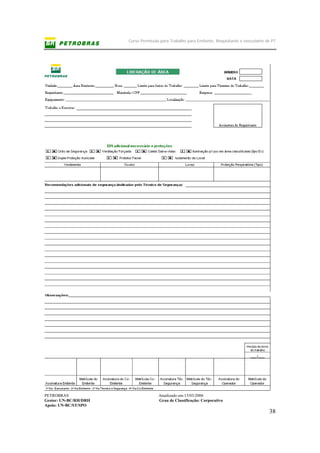Curso Permissão para Trabalho para Emitente, Requisitante e executante de PT
PETROBRAS Atualizado em:15/03/2006
Gestor: UN-BC/RH/DRH Grau de Classificação: Corporativo
Apoio: UN-BC/ST/SPO
38
 