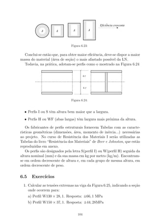 000000000
000000000000000000
000000000000000000
000000000
000000000000000000
000000000
111111111
111111111111111111
111111111111111111
111111111
111111111111111111
111111111
000000000
000000000000000000
000000000000000000
000000000
000000000000000000
111111111
111111111111111111
111111111111111111
111111111
111111111111111111
000000000
000000000000000000
000000000000000000
000000000
000000000000000000
000000000
000000000
111111111
111111111111111111
111111111111111111
111111111
111111111111111111
111111111
111111111
000000000
000000000000000000
000000000000000000
000000000
000000000000000000
000000000000000000
000000000
000000000000000000
111111111
111111111111111111
111111111111111111
111111111
111111111111111111
111111111111111111
111111111
111111111111111111
Eficiencia crescente^
A A A A
Figura 6.23:
Conclui-se ent˜ao que, para obter maior eﬁciˆencia, deve-se dispor a maior
massa do material (´area de se¸c˜ao) o mais afastado poss´ıvel da LN.
Todavia, na pr´atica, adotam-se perﬁs como o mostrado na Figura 6.24
/2δ
/2δ
00
0000
0000
0000
00
00
00
0000
00
00
00
0000
00
00
11
1111
1111
1111
11
11
11
1111
11
11
11
1111
11
11000000000000000000000000000000
000000000000000000000000000000
111111111111111111111111111111
111111111111111111111111111111
000000000000000000000000000000
000000000000000000000000000000
111111111111111111111111111111
111111111111111111111111111111
000000000000000000000000000000
000000000000000000000000000000
111111111111111111111111111111
111111111111111111111111111111
000000000000000000000000000000
000000000000000000000000000000
111111111111111111111111111111
111111111111111111111111111111
Figura 6.24:
• Perﬁs I ou S tˆem altura bem maior que a largura.
• Perﬁs H ou WF (abas largas) tˆem largura mais pr´oxima da altura.
Os fabricantes de perﬁs estruturais fornecem Tabelas com as caracte-
risticas geom´etricas (dimens˜oes, ´area, momento de in´ercia...) necess´arias
ao projeto. No curso de Resistˆencia dos Materiais I ser˜ao utilizadas as
Tabelas do livro “Resistˆencia dos Materiais” de Beer e Johnston, que est˜ao
reproduzidas em anexo.
Os perﬁs s˜ao designados pela letra S(perﬁl I) ou W(perﬁl H) seguida da
altura nominal (mm) e da sua massa em kg por metro (kg/m). Encontram-
se em ordem decrescente de altura e, em cada grupo de mesma altura, em
ordem decrescente de peso.
6.5 Exerc´ıcios
1. Calcular as tens˜oes extremas na viga da Figura 6.25, indicando a se¸c˜ao
onde ocorrem para:
a) Perﬁl W130 × 28, 1. Resposta: ±66, 1 MPa
b) Perﬁl W150 × 37, 1. Resposta: ±44, 28MPa
104
 