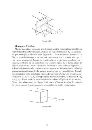 Figura 6.40:
Momento Pl´astico
Alguns materiais, tais como a¸co, tendem a exibir comportamento el´astico
perfeitamente pl´astico quando a tens˜ao no material exceder σE. Considera-
se, por exemplo, o elemento da Figura 6.41. Se o momento interno M >
ME, o material come¸ca a escoar nas partes superior e inferior da viga, o
que causa uma redistribui¸c˜ao de tens˜ao sobre a se¸c˜ao transversal at´e que o
momento interno M de equilibrio seja desenvolvido. Se a distribui¸c˜ao da
deforma¸c˜ao normal assim produzida for como a mostrada na Figura 6.37,
a distribui¸c˜ao de tens˜ao normal correspondente ser´a determinada pelo dia-
grama tens˜ao-deforma¸c˜ao da mesma maneira que no caso el´astico. Usando
esse diagrama para o material mostrado na Figura 6.42, tem-se que as de-
forma¸c˜oes ǫ1, ǫ2 = ǫE, ǫ2 correspondem, respectivamente, `as tens˜oes σ1, σ2
= σE, σE. Essas e outras tens˜oes s˜ao mostradas na Figura 6.43 ou na 6.44.
Nesse caso, observa-se na Figura 6.44, que o s´olido de tens˜oes de esfor¸cos
de compress˜ao e tra¸c˜ao s˜ao parte retangulares e parte triangulares.
M > ME
Figura 6.41:
116
 