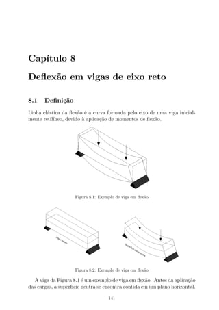 Cap´ıtulo 8
Deﬂex˜ao em vigas de eixo reto
8.1 Deﬁni¸c˜ao
Linha el´astica da ﬂex˜ao ´e a curva formada pelo eixo de uma viga inicial-
mente retil´ıneo, devido `a aplica¸c˜ao de momentos de ﬂex˜ao.
Figura 8.1: Exemplo de viga em ﬂex˜ao
Figura 8.2: Exemplo de viga em ﬂex˜ao
A viga da Figura 8.1 ´e um exemplo de viga em ﬂex˜ao. Antes da aplica¸c˜ao
das cargas, a superf´ıcie neutra se encontra contida em um plano horizontal.
141
 