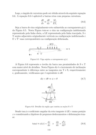 Logo, o ˆangulo de curvatura pode ser obtido atrav´es da seguinte equa¸c˜ao
8.6. A equa¸c˜ao 8.6 ´e aplic´avel a barras retas com pequena curvatura.
dθ
ds
≈
dθ
dx
=
Mz
EIz
(8.6)
Seja a barra de eixo originalmente reto submetida ao carregamento q(x)
da Figura 8.5. Nesta Figura tem-se o eixo na conﬁgura¸c˜ao indeformada
representado pela linha cheia, a LE representada pela linha tracejada, S e
T se¸c˜oes adjacentes originalmente verticais na conﬁgura¸c˜ao indeformada e
S’ e T’ suas correspondentes na conﬁgura¸c˜ao deformada.
Figura 8.5: Viga sujeita a carregamento q(x)
A Figura 8.6 representa o trecho da barra nas proximidades de S e T
com maior n´ıvel de detalhes. Nesta Figura dφ ´e o incremento de inclina¸c˜ao
correspondente `a diferen¸ca entre as tangentes em T e S, respectivamente
e, graﬁcamente, veriﬁcamos que ´e equivalente `a dθ:
dφ = dθ ⇒ φ = θ (8.7)
dθ
dφ
S T
Ρ
S´
T´
Figura 8.6: Detalhe da regi˜ao que cont´em as se¸c˜oes S e T
Sendo tan φ o coeﬁciente angular da reta tangente `a LE v numa posi¸c˜ao
x e considerando a hip´otese de pequenos deslocamentos e deforma¸c˜oes tem-
se:
tanφ ≈ φ(x) =
dv
dx
e
dφ
dx
=
d2
v
dx2
(8.8)
144
 