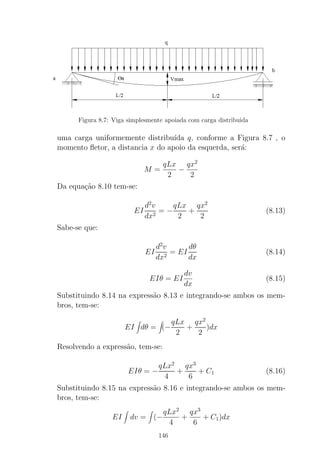 Figura 8.7: Viga simplesmente apoiada com carga distribuida
uma carga uniformemente distribu´ıda q, conforme a Figura 8.7 , o
momento ﬂetor, a distancia x do apoio da esquerda, ser´a:
M =
qLx
2
−
qx2
2
Da equa¸c˜ao 8.10 tem-se:
EI
d2
v
dx2
= −
qLx
2
+
qx2
2
(8.13)
Sabe-se que:
EI
d2
v
dx2
= EI
dθ
dx
(8.14)
EIθ = EI
dv
dx
(8.15)
Substituindo 8.14 na express˜ao 8.13 e integrando-se ambos os mem-
bros, tem-se:
EI dθ = (−
qLx
2
+
qx2
2
)dx
Resolvendo a express˜ao, tem-se:
EIθ = −
qLx2
4
+
qx3
6
+ C1 (8.16)
Substituindo 8.15 na express˜ao 8.16 e integrando-se ambos os mem-
bros, tem-se:
EI dv = (−
qLx2
4
+
qx3
6
+ C1)dx
146
 