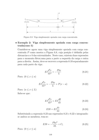 Figura 8.8: Viga simplesmente apoiada com carga concentrada
• Exemplo 2: Viga simplesmente apoiada com carga concen-
trada(caso 5)
Considere-se agora uma viga simplesmente apoiada com carga con-
centrada P como mostra a Figura 8.8, cuja posi¸c˜ao ´e deﬁnida pelas
distancias a e b das extremidades. Neste caso, existem duas express˜oes
para o momento ﬂetor,uma para a parte a esquerda da carga e outra
para a direita. Assim, deve-se escrever a express˜ao 8.10 separadamente
para cada parte da viga:
EI
d2
v
dx2
= −
Pbx
L
(8.21)
Para: (0 ≤ x ≤ a)
EI
d2
v
dx2
= −
Pbx
L
+ P(x − a) (8.22)
Para: (a ≤ x ≤ L)
Sabe-se que:
EI
d2
v
dx2
= EI
dθ
dx
(8.23)
EIθ = EI
dv
dx
(8.24)
Substituindo a express˜ao 8.23 nas express˜oes 8.21 e 8.22 e integrando-
se ambos os membros, tem-se:
EIθ = −
Pbx2
2L
+ C1 (8.25)
Para: (0 ≤ x ≤ a)
148
 
