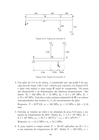 000
0
111
1
DBA C
E
F
450 300 200
P
600
750
Figura 9.11: Figura do exerc´ıcio 2
000
0
111
1
CBA
P
1,5m 0,4m0,5m
1,2m 1,2m
12
Figura 9.12: Figura do exerc´ıcio 3
4. Um pilar de 2, 8 m de altura, ´e constitu´ıdo por um perﬁl I de a¸co,
cuja ´area de se¸c˜ao ´e 68, 5 cm2
, coberto por concreto, ver Figura 9.13.
o pilar esta sujeito a uma carga P axial de compress˜ao. Os pesos
s˜ao desprez´ıveis e as deforma¸c˜oes s˜ao el´asticas proporcionais. S˜ao
dados: σa = 162 MPa, σc = 15 MPa, Ea = 2, 1 × 105
MPa, Ec =
1, 75×104
MPa. Calcular o valor m´aximo admiss´ıvel de P e os valores
correspondentes das tens˜oes σa, σc do encurtamento do pilar.
Resposta: P = 3177 kN, σa = 162 MPa, σc = 13 MPa, e ∆L = 2, 16
mm.
5. Calcular as tens˜oes no cobre e no alum´ınio da pe¸ca 9.14 para o au-
mento de temperatura de 20o
C. Dados Ecu = 1, 2 × 105
MPa, Ea =
0, 7 × 105
MPa, αcu = 16, 7 × 106
(o
C)−1
, αa = 23 × 106
(o
C)−1
Resposta: σc = 14, 5 MPa e σa = 54, 5 MPa.
6. A pe¸ca sujeita `a cargas axiais P = 30 kN aplicadas em B e C e
a um aumento de temperatura de 30o
. Dados E = 210 GPa, α =
165
 