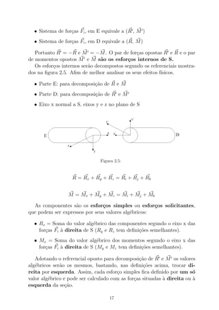 • Sistema de for¸cas Fi, em E equivale a (R′, M′)
• Sistema de for¸cas Fi, em D equivale a (R, M)
Portanto R′ = −R e M′ = −M. O par de for¸cas opostas R′ e R e o par
de momentos opostos M′ e M s˜ao os esfor¸cos internos de S.
Os esfor¸cos internos ser˜ao decompostos segundo os referenciais mostra-
dos na ﬁgura 2.5. Aﬁm de melhor analisar os seus efeitos f´ısicos.
• Parte E: para decomposi¸c˜ao de R e M
• Parte D: para decomposi¸c˜ao de R′ e M′
• Eixo x normal a S, eixos y e z no plano de S
Figura 2.5:
R = Rx + Ry + Rz = Ri + Rj + Rk
M = Mx + My + Mz = Mi + Mj + Mk
As componentes s˜ao os esfor¸cos simples ou esfor¸cos solicitantes,
que podem ser expressos por seus valores alg´ebricos:
• Rx = Soma do valor alg´ebrico das componentes segundo o eixo x das
for¸cas Fi `a direita de S (Ry e Rz tem deﬁni¸c˜oes semelhantes).
• Mx = Soma do valor alg´ebrico dos momentos segundo o eixo x das
for¸cas Fi `a direita de S (My e Mz tem deﬁni¸c˜oes semelhantes).
Adotando o referencial oposto para decomposi¸c˜ao de R′ e M′ os valores
alg´ebricos ser˜ao os mesmos, bastando, nas deﬁni¸c˜oes acima, trocar di-
reita por esquerda. Assim, cada esfor¸co simples ﬁca deﬁnido por um s´o
valor alg´ebrico e pode ser calculado com as for¸cas situadas `a direita ou `a
esquerda da se¸c˜ao.
17
 