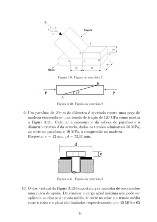 Figura 3.9: Figura do exerc´ıcio 7
P P
B
A
15°
Figura 3.10: Figura do exerc´ıcio 8
9. Um parafuso de 20mm de diˆametro ´e apertado contra uma pe¸ca de
madeira exercendo-se uma tens˜ao de tra¸c˜ao de 120 MPa como mostra
a Figura 3.11. Calcular a espessura e da cabe¸ca do parafuso e o
diˆametro externo d da arruela, dadas as tens˜oes admiss´ıveis 50 MPa,
ao corte no parafuso, e 10 MPa, `a compress˜ao na madeira
Resposta: e = 12 mm ; d = 72,11 mm.
e
d
Figura 3.11: Figura do exerc´ıcio 9
10. O eixo vertical da Figura 3.12 ´e suportado por um colar de escora sobre
uma placa de apoio. Determinar a carga axial m´axima que pode ser
aplicada ao eixo se a tens˜ao m´edia de corte no colar e a tens˜ao m´edia
entre o colar e a placa s˜ao limitadas respectivamente por 40 MPa e 65
31
 