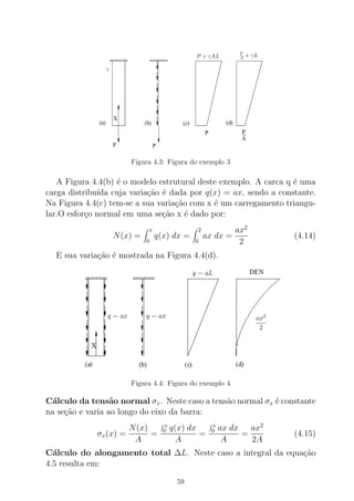 Figura 4.3: Figura do exemplo 3
A Figura 4.4(b) ´e o modelo estrutural deste exemplo. A carca q ´e uma
carga distribu´ıda cuja varia¸c˜ao ´e dada por q(x) = ax, sendo a constante.
Na Figura 4.4(c) tem-se a sua varia¸c˜ao com x ´e um carregamento triangu-
lar.O esfor¸co normal em uma se¸c˜ao x ´e dado por:
N(x) =
x
0
q(x) dx =
2
0
ax dx =
ax2
2
(4.14)
E sua varia¸c˜ao ´e mostrada na Figura 4.4(d).
Figura 4.4: Figura do exemplo 4
C´alculo da tens˜ao normal σx. Neste caso a tens˜ao normal σx ´e constante
na se¸c˜ao e varia ao longo do eixo da barra:
σx(x) =
N(x)
A
=
x
0 q(x) dx
A
=
x
0 ax dx
A
=
ax2
2A
(4.15)
C´alculo do alongamento total ∆L. Neste caso a integral da equa¸c˜ao
4.5 resulta em:
59
 