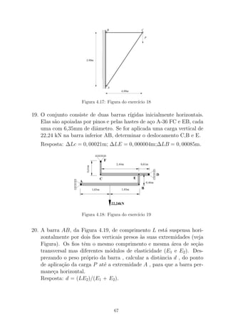 000000000
000000000000000
000000000000000000
000000000000000
000000000000
000000000000
000000000000
000000000000
000000000000000
000000000
000000
111111111
111111111111111
111111111111111111
111111111111111
111111111111
111111111111
111111111111
111111111111
111111111111111
111111111
111111
A
B C
P
4,00m
3,00m
Figura 4.17: Figura do exerc´ıcio 18
19. O conjunto consiste de duas barras r´ıgidas inicialmente horizontais.
Elas s˜ao apoiadas por pinos e pelas hastes de a¸co A-36 FC e EB, cada
uma com 6,35mm de diˆametro. Se for aplicada uma carga vertical de
22,24 kN na barra inferior AB, determinar o deslocamento C,B e E.
Resposta: ∆Lc = 0, 00021m; ∆LE = 0, 000004m;∆LB = 0, 00085m.
Figura 4.18: Figura do exerc´ıcio 19
20. A barra AB, da Figura 4.19, de comprimento L est´a suspensa hori-
zontalmente por dois ﬁos verticais presos `as suas extremidades (veja
Figura). Os ﬁos tˆem o mesmo comprimento e mesma ´area de se¸c˜ao
transversal mas diferentes m´odulos de elasticidade (E1 e E2). Des-
prezando o peso pr´oprio da barra , calcular a distˆancia d , do ponto
de aplica¸c˜ao da carga P at´e a extremidade A , para que a barra per-
mane¸ca horizontal.
Resposta: d = (LE2)/(E1 + E2).
67
 
