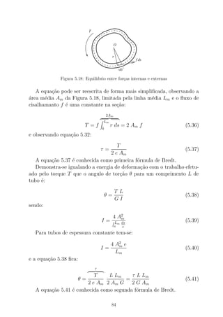 r
f ds
ds
T
O
Figura 5.18: Equil´ııbrio entre for¸cas internas e externas
A equa¸c˜ao pode ser reescrita de forma mais simpliﬁcada, observando a
´area m´edia Am da Figura 5.18, limitada pela linha m´edia Lm e o ﬂuxo de
cisalhamanto f ´e uma constante na se¸c˜ao:
T = f
2Am
Lm
0
r ds = 2 Am f (5.36)
e observando equa¸c˜ao 5.32:
τ =
T
2 e Am
(5.37)
A equa¸c˜ao 5.37 ´e conhecida como primeira f´ormula de Bredt.
Demonstra-se igualando a energia de deforma¸c˜ao com o trabalho efetu-
ado pelo torque T que o angulo de tor¸c˜ao θ para um comprimento L de
tubo ´e:
θ =
T L
G I
(5.38)
sendo:
I =
4 A2
m
Lm
o
ds
e
(5.39)
Para tubos de espessura constante tem-se:
I =
4 A2
m e
Lm
(5.40)
e a equa¸c˜ao 5.38 ﬁca:
θ =
τ
T
2 e Am
L Lm
2 Am G
=
τ L Lm
2 G Am
(5.41)
A equa¸c˜ao 5.41 ´e conhecida como segunda f´ormula de Bredt.
84
 