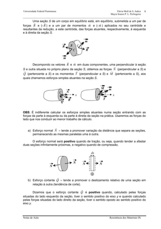 Universidade Federal Fluminense Flávia Moll de S. Judice
Mayra Soares P. L. Perlingeiro
________________________________________________________________________________________________
Notas de Aula Resistência dos Materiais IX
9
Uma seção S de um corpo em equilíbrio está, em equilíbrio, submetida a um par de
forças R
r
e (- R
r
) e a um par de momentos m
r
e (- m
r
) aplicados no seu centróide e
resultantes da redução, a este centróide, das forças atuantes, respectivamente, à esquerda
e à direita da seção S.
Decompondo os vetores R
r
e m
r
em duas componentes, uma perpendicular à seção
S e outra situada no próprio plano da seção S, obtemos as forças N
r
(perpendicular a S) e
Q
r
(pertencente a S) e os momentos T
r
(perpendicular a S) e M
r
(pertencente a S), aos
quais chamamos esforços simples atuantes na seção S.
OBS: É indiferente calcular os esforços simples atuantes numa seção entrando com as
forças da parte à esquerda ou da parte à direita da seção na prática. Usaremos as forças do
lado que nos conduzir ao menor trabalho de cálculo.
a) Esforço normal N
r
– tende a promover variação da distância que separa as seções,
permanecendo as mesmas paralelas uma à outra.
O esforço normal será positivo quando de tração, ou seja, quando tender a afastar
duas seções infinitamente próximas, e negativo quando de compressão.
b) Esforço cortante Q
r
– tende a promover o deslizamento relativo de uma seção em
relação à outra (tendência de corte).
Dizemos que o esforço cortante Q
r
é positivo quando, calculado pelas forças
situadas do lado esquerdo da seção, tiver o sentido positivo do eixo y e quando calculado
pelas forças situadas do lado direito da seção, tiver o sentido oposto ao sentido positivo do
eixo y.
M
R
m
x
N
Q
T
x
C
C
N
N NN
ds
⊕
m
R
m
SR C
C
 