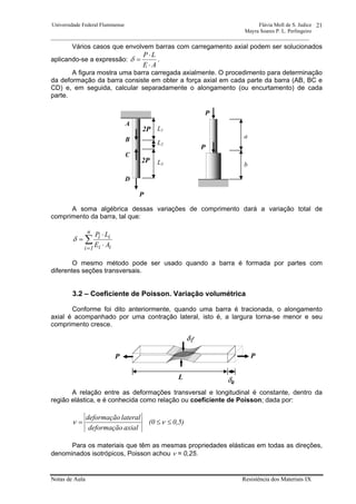 Universidade Federal Fluminense Flávia Moll de S. Judice
Mayra Soares P. L. Perlingeiro
________________________________________________________________________________________________
Notas de Aula Resistência dos Materiais IX
21
Vários casos que envolvem barras com carregamento axial podem ser solucionados
aplicando-se a expressão:
AE
LP
⋅
⋅
=δ .
A figura mostra uma barra carregada axialmente. O procedimento para determinação
da deformação da barra consiste em obter a força axial em cada parte da barra (AB, BC e
CD) e, em seguida, calcular separadamente o alongamento (ou encurtamento) de cada
parte.
A soma algébrica dessas variações de comprimento dará a variação total de
comprimento da barra, tal que:
∑
=
⋅
⋅
=
n
1i ii
ii
AE
LP
δ
O mesmo método pode ser usado quando a barra é formada por partes com
diferentes seções transversais.
3.2 – Coeficiente de Poisson. Variação volumétrica
Conforme foi dito anteriormente, quando uma barra é tracionada, o alongamento
axial é acompanhado por uma contração lateral, isto é, a largura torna-se menor e seu
comprimento cresce.
A relação entre as deformações transversal e longitudinal é constante, dentro da
região elástica, e é conhecida como relação ou coeficiente de Poisson; dada por:
0,5)(0
axialdeformação
lateraldeformação
≤≤= νν
Para os materiais que têm as mesmas propriedades elásticas em todas as direções,
denominados isotrópicos, Poisson achou ν = 0,25.
P P
δl
δa
L
P
P
a
b
2P
2P
A
B
C
D
L1
L2
L3
P
 