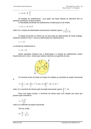 Universidade Federal Fluminense Flávia Moll de S. Judice
Mayra Soares P. L. Perlingeiro
________________________________________________________________________________________________
Notas de Aula Resistência dos Materiais IX
29
L
RR
φ
θγ ⋅=⋅=
As tensões de cisalhamento τ que agem nas faces laterais do elemento têm os
sentidos mostrados na figura anterior.
A intensidade da tensão de cisalhamento é obtida pela Lei de Hooke:
θγτ ⋅⋅=⋅= RGG
onde G é o módulo de elasticidade transversal do material, igual a
( )ν+⋅ 12
E
.
O estado de tensão no interior de um eixo pode ser determinado de modo análogo,
bastando substituir R por r, tal que a deformação de cisalhamento é:
θγ ⋅= r
e a tensão de cisalhamento é:
θτ ⋅⋅= rG
Essas equações mostram que a deformação e a tensão de cisalhamento variam
linearmente com o raio r, tendo seus valores máximos na superfície do eixo.
O momento torsor de todas as forças em relação ao centróide da seção transversal
é:
JGdArGdArGdArT
A
2
A
2
A
⋅⋅=⋅⋅=⋅⋅⋅=⋅⋅= ∫∫∫ θθθτ
onde J é o momento de inércia polar da seção transversal, igual a ∫ ⋅
A
2
dAr .
Para uma seção circular, o momento de inércia polar com relação aos eixos que
passam pelo centróide é:
32
d
J
4
⋅
=
π
onde d é o diâmetro da seção transversal.
Tem-se, então:
JG
T
L ⋅
==
φ
θ
r
τ
R
d
 