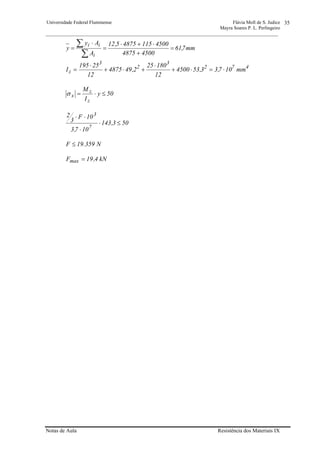 Universidade Federal Fluminense Flávia Moll de S. Judice
Mayra Soares P. L. Perlingeiro
________________________________________________________________________________________________
Notas de Aula Resistência dos Materiais IX
35
mm7,61
45004875
450011548755,12
A
Ay
y
i
ii
=
+
⋅+⋅
=
⋅
=
∑
∑
472
3
2
3
z mm107,33,534500
12
18025
2,494875
12
25195
I ⋅=⋅+
⋅
+⋅+
⋅
=
50y
I
M
z
z
x ≤⋅=σ
503,143
107,3
10F
3
2
7
3
≤⋅
⋅
⋅⋅
N359.19F ≤
Nk4,19Fmax =
 