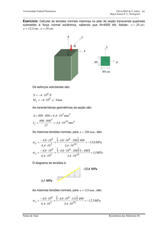 Universidade Federal Fluminense Flávia Moll de S. Judice
Mayra Soares P. L. Perlingeiro
________________________________________________________________________________________________
Notas de Aula Resistência dos Materiais IX
41
Exercício: Calcular as tensões normais máximas no pilar de seção transversal quadrada
submetido à força normal excêntrica, sabendo que N=4000 kN. Adotar: cm20e = ;
cm3,13e = ; cm10e = .
Os esforços solicitantes são:
N104N 6
⋅−=
Nmme104M 6
z ⋅⋅−=
As características geométricas da seção são:
25
mm104,6800800A ⋅=⋅=
410
3
z mm104,3
12
800800
I ⋅=
⋅
=
As máximas tensões normais, para mm200e = , são:
( ) MPa6,15
104,3
400200100,4
104,6
100,4
10
6
5
6
x −=
⋅
⋅⋅⋅−
+
⋅
⋅−
=σ
( ) ( ) MPa1,3
104,3
400200100,4
104,6
100,4
10
6
5
6
x =
⋅
−⋅⋅⋅−
+
⋅
⋅−
=σ
O diagrama de tensões é:
As máximas tensões normais, para mm133e = , são:
( ) MPa5,12
104,3
400133100,4
104,6
100,4
10
6
5
6
x −=
⋅
⋅⋅⋅−
+
⋅
⋅−
=σ
3,1 MPa
-15,6 MPa
80 cm
80 y
z
zx
N
e
y
 