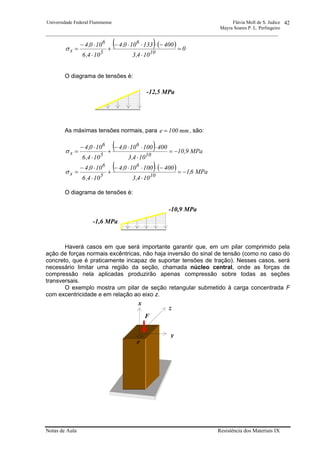 Universidade Federal Fluminense Flávia Moll de S. Judice
Mayra Soares P. L. Perlingeiro
________________________________________________________________________________________________
Notas de Aula Resistência dos Materiais IX
42
( ) ( ) 0
104,3
400133100,4
104,6
100,4
10
6
5
6
x =
⋅
−⋅⋅⋅−
+
⋅
⋅−
=σ
O diagrama de tensões é:
As máximas tensões normais, para mm100e = , são:
( ) MPa9,10
104,3
400100100,4
104,6
100,4
10
6
5
6
x −=
⋅
⋅⋅⋅−
+
⋅
⋅−
=σ
( ) ( ) MPa6,1
104,3
400100100,4
104,6
100,4
10
6
5
6
x −=
⋅
−⋅⋅⋅−
+
⋅
⋅−
=σ
O diagrama de tensões é:
Haverá casos em que será importante garantir que, em um pilar comprimido pela
ação de forças normais excêntricas, não haja inversão do sinal de tensão (como no caso do
concreto, que é praticamente incapaz de suportar tensões de tração). Nesses casos, será
necessário limitar uma região da seção, chamada núcleo central, onde as forças de
compressão nela aplicadas produzirão apenas compressão sobre todas as seções
transversais.
O exemplo mostra um pilar de seção retangular submetido à carga concentrada F
com excentricidade e em relação ao eixo z.
-10,9 MPa
-1,6 MPa
F
y
z
x
e
-12,5 MPa
 
