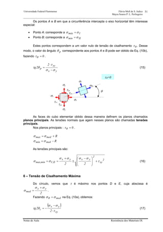 Universidade Federal Fluminense Flávia Moll de S. Judice
Mayra Soares P. L. Perlingeiro
________________________________________________________________________________________________
Notas de Aula Resistência dos Materiais IX
51
Os pontos A e B em que a circunferência intercepta o eixo horizontal têm interesse
especial:
• Ponto A: corresponde a Imáx σσ =
• Ponto B: corresponde a IImin σσ =
Estes pontos correspondem a um valor nulo de tensão de cisalhamento θτ . Desse
modo, o valor do ângulo pθ correspondente aos pontos A e B pode ser obtido da Eq. (10b),
fazendo 0=θτ .
yx
xy
p
2
2tg
σσ
τ
θ
−
⋅
= (15)
As faces do cubo elementar obtido dessa maneira definem os planos chamados
planos principais. As tensões normais que agem nesses planos são chamadas tensões
principais.
Nos planos principais : 0=θτ .
Rmedmax += σσ
Rmedmin −= σσ
As tensões principais são:
2
xy
2
yxyx
II,Iminmax,
22
τ
σσσσ
σσ +⎟
⎟
⎠
⎞
⎜
⎜
⎝
⎛ −
±
+
== (16)
6 – Tensão de Cisalhamento Máxima
Do círculo, vemos que τ é máximo nos pontos D e E, cuja abscissa é
2
yx
med
σσ
σ
+
= .
Fazendo medσσθ = na Eq. (10a), obtemos:
( )
xy
yx
c
2
2tg
τ
σσ
θ
⋅
−
−= (17)
σy
σy
σx
σx
τxy
τxy
τyx
τyx
σI
σII
τθ=0
θ
 