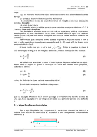 Universidade Federal Fluminense Flávia Moll de S. Judice
Mayra Soares P. L. Perlingeiro
________________________________________________________________________________________________
Notas de Aula Resistência dos Materiais IX
55
onde :
M(x) é o momento fletor numa seção transversal distante x da extremidade esquerda
da viga;
E é o módulo de elasticidade longitudinal do material;
I é o momento de inércia da seção transversal em relação ao eixo que passa pelo
centróide da seção;
ρ é o raio de curvatura.
A expressão anterior é válida somente para materiais no regime elástico e IE ⋅ é
chamado de produto de rigidez.
Para estabelecer a relação entre a curvatura k e a equação da elástica, consideram-
se dois pontos, m1 e m2, distantes ds um do outro, conforme mostra a figura. Em cada um
desses pontos, traça-se uma normal à tangente da curva que irão se encontrar no centro de
curvatura O.
Admitindo-se que a tangente à linha elástica no ponto m1 faça um ângulo θ com o
eixo x, então no ponto m2 o ângulo correspondente será θθ d− , onde θd é o ângulo entre
as normais Om1 e Om2.
A figura mostra que θρ dds ⋅= e que
ds
d1 θ
ρ = . Então, a curvatura k é igual à
taxa de variação do ângulo θ em relação à distância s, medida ao longo da linha elástica:
ds
d1
k
θ
ρ
== (2)
Na maioria das aplicações práticas ocorrem apenas pequenas deflexões nas vigas.
Assim, tanto o ângulo θ quanto a inclinação da curva são valores muito pequenos,
podendo-se admitir:
dxds ≈ (3)
dx
dy
tg =≈ θθ (4)
onde y é a deflexão da viga a partir de sua posição inicial.
Substituindo na equação da elástica, chega-se a:
IE
M
dx
yd
k
2
2
⋅
−== (5)
que é a equação diferencial de 2a
ordem que rege o comportamento da linha elástica de
uma viga. Essa equação deve ser integrada em cada caso particular para se ter a deflexão
y.
1.1 – Vigas Simplesmente Apoiadas
Seja a viga bi-apoiada com comprimento L, seção com momento de inércia I e
material com módulo de elasticidade E, submetida a um carregamento uniformemente
distribuído q.
q
A x
L
B
 