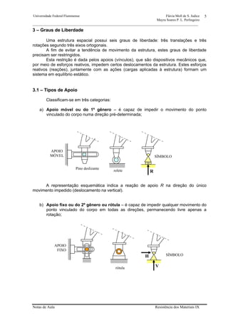 Universidade Federal Fluminense Flávia Moll de S. Judice
Mayra Soares P. L. Perlingeiro
________________________________________________________________________________________________
Notas de Aula Resistência dos Materiais IX
5
3 – Graus de Liberdade
Uma estrutura espacial possui seis graus de liberdade: três translações e três
rotações segundo três eixos ortogonais.
A fim de evitar a tendência de movimento da estrutura, estes graus de liberdade
precisam ser restringidos.
Esta restrição é dada pelos apoios (vínculos), que são dispositivos mecânicos que,
por meio de esforços reativos, impedem certos deslocamentos da estrutura. Estes esforços
reativos (reações), juntamente com as ações (cargas aplicadas à estrutura) formam um
sistema em equilíbrio estático.
3.1 – Tipos de Apoio
Classificam-se em três categorias:
a) Apoio móvel ou do 1º gênero – é capaz de impedir o movimento do ponto
vinculado do corpo numa direção pré-determinada;
A representação esquemática indica a reação de apoio R na direção do único
movimento impedido (deslocamento na vertical).
b) Apoio fixo ou do 2º gênero ou rótula – é capaz de impedir qualquer movimento do
ponto vinculado do corpo em todas as direções, permanecendo livre apenas a
rotação;
APOIO
FIXO
SÍMBOLO
rótula V
H
APOIO
MÓVEL SÍMBOLO
Pino deslizante
rolete R
 