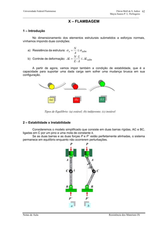 Universidade Federal Fluminense Flávia Moll de S. Judice
Mayra Soares P. L. Perlingeiro
________________________________________________________________________________________________
Notas de Aula Resistência dos Materiais IX
62
X – FLAMBAGEM
1 – Introdução
No dimensionamento dos elementos estruturais submetidos a esforços normais,
vínhamos impondo duas condições:
a) Resistência da estrutura: admx
A
N
σσ ≤=
b) Controle de deformação: admL
AE
LN
L ∆∆ ≤
⋅
⋅
=
A partir de agora, vamos impor também a condição de estabilidade, que é a
capacidade para suportar uma dada carga sem sofrer uma mudança brusca em sua
configuração.
2 – Estabilidade x Instabilidade
Consideremos o modelo simplificado que consiste em duas barras rígidas, AC e BC,
ligadas em C por um pino e uma mola de constante k.
Se as duas barras e as duas forças P e P´ estão perfeitamente alinhadas, o sistema
permanece em equilíbrio enquanto não ocorrerem perturbações.
P
P´
C
a b
P
P´
A
B
A
C
∆θ
k
B
Tipos de Equilíbrio: (a) estável; (b) indiferente; (c) instável
(a) (b) (c)
 
