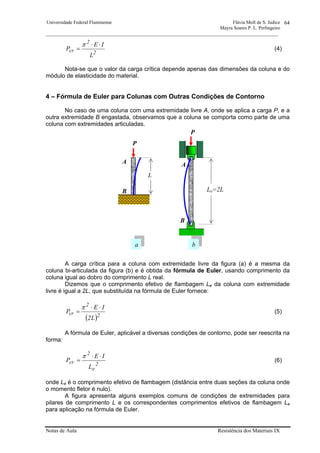 Universidade Federal Fluminense Flávia Moll de S. Judice
Mayra Soares P. L. Perlingeiro
________________________________________________________________________________________________
Notas de Aula Resistência dos Materiais IX
64
2
2
cr
L
IE
P
⋅⋅
=
π
(4)
Nota-se que o valor da carga crítica depende apenas das dimensões da coluna e do
módulo de elasticidade do material.
4 – Fórmula de Euler para Colunas com Outras Condições de Contorno
No caso de uma coluna com uma extremidade livre A, onde se aplica a carga P, e a
outra extremidade B engastada, observamos que a coluna se comporta como parte de uma
coluna com extremidades articuladas.
A carga crítica para a coluna com extremidade livre da figura (a) é a mesma da
coluna bi-articulada da figura (b) e é obtida da fórmula de Euler, usando comprimento da
coluna igual ao dobro do comprimento L real.
Dizemos que o comprimento efetivo de flambagem Le da coluna com extremidade
livre é igual a 2L, que substituída na fórmula de Euler fornece:
( )2
2
cr
L2
IE
P
⋅⋅
=
π
(5)
A fórmula de Euler, aplicável a diversas condições de contorno, pode ser reescrita na
forma:
2
e
2
cr
L
IE
P
⋅⋅
=
π
(6)
onde Le é o comprimento efetivo de flambagem (distância entre duas seções da coluna onde
o momento fletor é nulo).
A figura apresenta alguns exemplos comuns de condições de extremidades para
pilares de comprimento L e os correspondentes comprimentos efetivos de flambagem Le
para aplicação na fórmula de Euler.
P
b
Le=2L
a
A
B
L
A
B
P
 