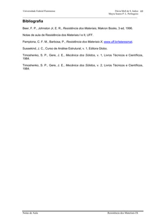 Universidade Federal Fluminense Flávia Moll de S. Judice
Mayra Soares P. L. Perlingeiro
________________________________________________________________________________________________
Notas de Aula Resistência dos Materiais IX
69
Bibliografia
Beer, F. P., Johnston Jr, E. R., Resistência dos Materiais, Makron Books, 3 ed, 1996.
Notas de aula de Resistência dos Materiais I e II, UFF.
Pamplona, C. F. M., Barbosa, P., Resistência dos Materiais X, www.uff.br/teleresmat.
Sussekind, J. C., Curso de Análise Estrutural, v. 1, Editora Globo.
Timoshenko, S. P., Gere, J. E., Mecânica dos Sólidos, v. 1, Livros Técnicos e Científicos,
1984.
Timoshenko, S. P., Gere, J. E., Mecânica dos Sólidos, v. 2, Livros Técnicos e Científicos,
1984.
 
