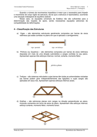 Universidade Federal Fluminense Flávia Moll de S. Judice
Mayra Soares P. L. Perlingeiro
________________________________________________________________________________________________
Notas de Aula Resistência dos Materiais IX
7
Quando o número de movimentos impedidos é maior que o necessário para impedir
o movimento de corpo rígido da estrutura, diz-se que a estrutura é hiperestática, ocorrendo
uma situação indesejável de equilíbrio estável.
Nesse caso, as equações universais da Estática não são suficientes para a
determinação das reações de apoio, sendo necessárias equações adicionais de
compatibilidade de deformações.
4 – Classificação das Estruturas
a) Vigas – são elementos estruturais geralmente compostos por barras de eixos
retilíneos que estão contidas no plano em que é aplicado o carregamento.
b) Pórticos (ou Quadros) – são elementos compostos por barras de eixos retilíneos
dispostas em mais de uma direção submetidos a cargas contidas no seu plano.
Apresentam apenas três esforços internos: normal, cortante, momento fletor.
c) Treliças – são sistemas reticulados cujas barras têm todas as extremidades rotuladas
(as barras podem girar independentemente das ligações) e cujas cargas são
aplicadas em seus nós. Apresentam apenas esforços internos axiais.
d) Grelhas – são estruturas planas com cargas na direção perpendicular ao plano,
incluindo momentos em torno de eixos do plano. Apresentam três esforços internos:
esforço cortante, momento fletor, momento torsor.
viga apoiada viga em balanço
pórtico plano
 