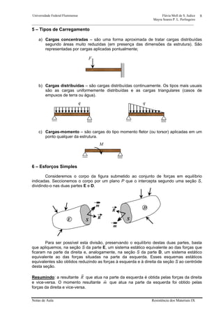 Universidade Federal Fluminense Flávia Moll de S. Judice
Mayra Soares P. L. Perlingeiro
________________________________________________________________________________________________
Notas de Aula Resistência dos Materiais IX
8
5 – Tipos de Carregamento
a) Cargas concentradas – são uma forma aproximada de tratar cargas distribuídas
segundo áreas muito reduzidas (em presença das dimensões da estrutura). São
representadas por cargas aplicadas pontualmente;
b) Cargas distribuídas – são cargas distribuídas continuamente. Os tipos mais usuais
são as cargas uniformemente distribuídas e as cargas triangulares (casos de
empuxos de terra ou água).
c) Cargas-momento – são cargas do tipo momento fletor (ou torsor) aplicadas em um
ponto qualquer da estrutura.
6 – Esforços Simples
Consideremos o corpo da figura submetido ao conjunto de forças em equilíbrio
indicadas. Seccionemos o corpo por um plano P que o intercepta segundo uma seção S,
dividindo-o nas duas partes E e D.
Para ser possível esta divisão, preservando o equilíbrio destas duas partes, basta
que apliquemos, na seção S da parte E, um sistema estático equivalente ao das forças que
ficaram na parte da direita e, analogamente, na seção S da parte D, um sistema estático
equivalente ao das forças situadas na parte da esquerda. Esses esquemas estáticos
equivalentes são obtidos reduzindo as forças à esquerda e à direita da seção S ao centróide
desta seção.
Resumindo: a resultante R
r
que atua na parte da esquerda é obtida pelas forças da direita
e vice-versa. O momento resultante m
r
que atua na parte da esquerda foi obtido pelas
forças da direita e vice-versa.
F
M
q q
E
m
S
R
D
m
S
R
 