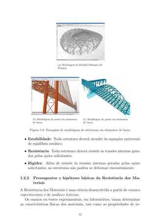 (a) Modelagem do Est´adio Ol´ımpico de
Pequim
(b) Modelagem de ponte em elementos
de barra
(c) Modelagem de ponte em elementos
de barra
Figura 1.9: Exemplos de modelagens de estruturas em elementos de barra
• Estabilidade: Toda estrutura dever´a atender `as equa¸c˜oes universais
de equil´ıbrio est´atico.
• Resistˆencia: Toda estrutura dever´a resistir `as tens˜oes internas gera-
das pelas a¸c˜oes solicitantes.
• Rigidez: Al´em de resistir `as tens˜oes internas geradas pelas a¸c˜oes
solicitantes, as estruturas n˜ao podem se deformar excessivamente.
1.2.2 Pressupostos e hip´oteses b´asicas da Resistˆencia dos Ma-
teriais
A Resistˆencia dos Materiais ´e uma ciˆencia desenvolvida a partir de ensaios
experimentais e de an´alises te´oricas.
Os ensaios ou testes experimentais, em laborat´orios, visam determinar
as caracter´ısticas f´ısicas dos materiais, tais como as propriedades de re-
12
 
