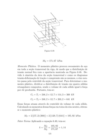 T
T1
1
2
2
C
C
N
A
248,2 MPa
MP
248,2 MPa
Figura 6.48:
ME = 171, 67 kNm
Momento Pl´astico. O momento pl´astico provoca escoamento do a¸co
em toda a se¸c˜ao transversal da viga, de modo que a distribui¸c˜ao de
tens˜ao normal ﬁca com a aparˆencia mostrada na Figura 6.48. De-
vido `a simetria da ´area da se¸c˜ao transversal e como os diagramas
tens˜ao-deforma¸c˜ao de tra¸c˜ao e compress˜ao s˜ao os mesmos, o eixo neu-
tro passa pelo centr´oide da se¸c˜ao transversal. Para determinar o mo-
mento pl´astico, dividi-se a distribui¸c˜ao de tens˜ao em quatro s´olidos
retangulares compostos, sendo o volume de cada s´olido igual `a for¸ca
por ele produzida. Portanto, tem-se:
C1 = T1 = 248, 2 × 12, 7 × 114, 3 = 360 kN
C2 = T2 = 248, 2 × 12, 7 × 203, 2 = 641 kN
Essas for¸cas atuam atrav´es do centr´oide do volume de cada s´olido.
Calculando os momentos dessas for¸cas em torno do eixo neutro, obtem-
se o momento pl´astico:
MP = 2 [(57, 2)(360)] + 2 [(120, 7)(641)] = 195, 92 kNm
Fator Forma Aplicando a equa¸c˜ao 6.40, tem-se:
k =
MP
ME
=
195, 92
171, 67
= 1, 14
121
 