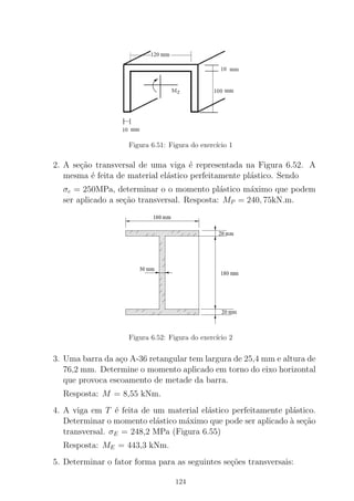 Figura 6.51: Figura do exerc´ıcio 1
2. A se¸c˜ao transversal de uma viga ´e representada na Figura 6.52. A
mesma ´e feita de material el´astico perfeitamente pl´astico. Sendo
σe = 250MPa, determinar o o momento pl´astico m´aximo que podem
ser aplicado a se¸c˜ao transversal. Resposta: MP = 240, 75kN.m.
Figura 6.52: Figura do exerc´ıcio 2
3. Uma barra da a¸co A-36 retangular tem largura de 25,4 mm e altura de
76,2 mm. Determine o momento aplicado em torno do eixo horizontal
que provoca escoamento de metade da barra.
Resposta: M = 8,55 kNm.
4. A viga em T ´e feita de um material el´astico perfeitamente pl´astico.
Determinar o momento el´astico m´aximo que pode ser aplicado `a se¸c˜ao
transversal. σE = 248,2 MPa (Figura 6.55)
Resposta: ME = 443,3 kNm.
5. Determinar o fator forma para as seguintes se¸c˜oes transversais:
124
 