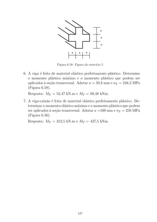 a a a
a
a
a
Figura 6.58: Figura do exerc´ıcio 5
6. A viga ´e feita de material el´astico perfeitamente pl´astico. Determine
o momento pl´astico m´aximo e o momento pl´astico que podem ser
aplicados `a se¸c˜ao transversal. Adotar a = 50,8 mm e σE = 248,2 MPa
(Figura 6.58).
Resposta: ME = 52,47 kN.m e MP = 89,48 kNm.
7. A viga-caix˜ao ´e feita de material el´astico perfeitamente pl´astico. De-
terminar o momento el´astico m´aximo e o momento pl´astico que podem
ser aplicados `a se¸c˜ao transversal. Adotar a =100 mm e σE = 250 MPa
(Figura 6.56).
Resposta: ME = 312,5 kN.m e MP = 437,5 kNm.
127
 