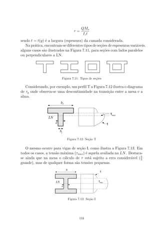 τ =
QMs
Izt
sendo t = t(y) ´e a largura (espessura) da camada considerada.
Na pr´atica, encontram-se diferentes tipos de se¸c˜oes de espessuras vari´aveis.
alguns casos s˜ao ilustrados na Figura 7.11, para se¸c˜oes com lados paralelos
ou perpendiculares a LN.
Figura 7.11: Tipos de se¸c˜oes
Considerando, por exemplo, um perﬁl T a Figura 7.12 ilustra o diagrama
de τy onde observa-se uma descontinuidade na transi¸c˜ao entre a mesa e a
alma.
τ
τmax
000000000000000000000000000000000000000000
00000000000000000000000000000000000000000000000000000000
000000000000000000000000000000000000000000
111111111111111111111111111111111111111111
11111111111111111111111111111111111111111111111111111111
111111111111111111111111111111111111111111
LN
e
b
b1
2
Figura 7.12: Se¸c˜ao T
O mesmo ocorre para vigas de se¸c˜ao I, como ilustra a Figura 7.13. Em
todos os casos, a tens˜ao m´axima (τmax) ´e aquela avaliada na LN. Destaca-
se ainda que na mesa o c´alculo de τ est´a sujeito a erro consider´avel (b
h
grande), mas de qualquer forma s˜ao tens˜oes pequenas.
0000000000000000000000000000
0000000000000000000000000000
1111111111111111111111111111
1111111111111111111111111111
τmax
000000000000000000000000000000000000000000
0000000000000000000000000000
00000000000000000000000000000000000000000000000000000000
00000000000000
111111111111111111111111111111111111111111
1111111111111111111111111111
11111111111111111111111111111111111111111111111111111111
11111111111111
LN
e
b
τ
Figura 7.13: Se¸c˜ao I
134
 