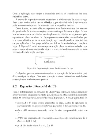 Com a aplica¸c˜ao das cargas a superf´ıcie neutra se transforma em uma
superf´ıcie curva.
A curva da superf´ıcie neutra representa a deforma¸c˜ao de toda a viga.
Esta curva se denomina curva el´astica e, por simplicidade, ´e representada
pela interse¸c˜ao do plano de simetria com a superf´ıcie neutra.
Desta forma, a curva el´astica representa os deslocamentos dos centros
de gravidade de todas as se¸c˜oes transversais que formam a viga. Mate-
maticamente a curva el´astica ou simplesmente el´astica se representa pela
equa¸c˜ao no plano de simetria. Se representarmos o eixo das deﬂex˜oes por
v a curva el´astica se torna uma fun¸c˜ao v(x), que dependera tamb´em das
cargas aplicadas e das propriedades mecˆanicas do material que comp˜oe a
viga. A Figura 8.3 mostra uma representa¸c˜ao plana da deformada da viga,
onde x coincide com o eixo da viga e v = v(x) ´e o deslocamento no caso
vertical, de cada se¸c˜ao da viga.
Figura 8.3: Representa¸c˜ao plana da deformada da viga
O objetivo portanto ´e o de determinar a equa¸c˜ao da linha el´astica para
diversos tipos de vigas. Com esta equa¸c˜ao pode-se determinar as deﬂex˜oes
e rota¸c˜oes em todos os seus pontos.
8.2 Equa¸c˜ao diferencial da LE
Para a determina¸c˜ao da equa¸c˜ao da LE de vigas sujeitas `a ﬂex˜ao, considere
a barra de eixo originalmente reto que, mediante a atua¸c˜ao de um momento
ﬂetor M, se torna curvo, de acordo com a Figura 8.4. Nesta Figura, tem-se:
• se¸c˜oes A e B: duas se¸c˜oes adjacentes da viga. Antes da aplica¸c˜ao do
carregamento estas se¸c˜oes estavam paralelas e distantes entre si dx.
• ds = AB: o comprimento do trecho do eixo compreendido entre A e
B
• A′
B′
: um segmento de reta paralelo ao eixo e de comprimento ds +
ds εx = ds(1 + εx)
• y: A distˆancia entre A e A′
, B e B′
142
 