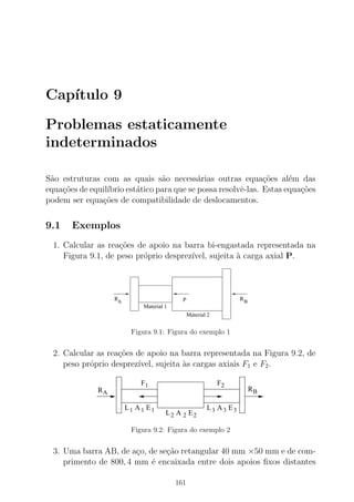 Cap´ıtulo 9
Problemas estaticamente
indeterminados
S˜ao estruturas com as quais s˜ao necess´arias outras equa¸c˜oes al´em das
equa¸c˜oes de equil´ıbrio est´atico para que se possa resolvˆe-las. Estas equa¸c˜oes
podem ser equa¸c˜oes de compatibilidade de deslocamentos.
9.1 Exemplos
1. Calcular as rea¸c˜oes de apoio na barra bi-engastada representada na
Figura 9.1, de peso pr´oprio desprez´ıvel, sujeita `a carga axial P.
RA
RB
Material 1
Material 2
P
Figura 9.1: Figura do exemplo 1
2. Calcular as rea¸c˜oes de apoio na barra representada na Figura 9.2, de
peso pr´oprio desprez´ıvel, sujeita `as cargas axiais F1 e F2.
L3 A3 E3
L2 A 2 E2
L1 A1 E1
RA
RB
F1 F2
Figura 9.2: Figura do exemplo 2
3. Uma barra AB, de a¸co, de se¸c˜ao retangular 40 mm ×50 mm e de com-
primento de 800, 4 mm ´e encaixada entre dois apoios ﬁxos distantes
161
 