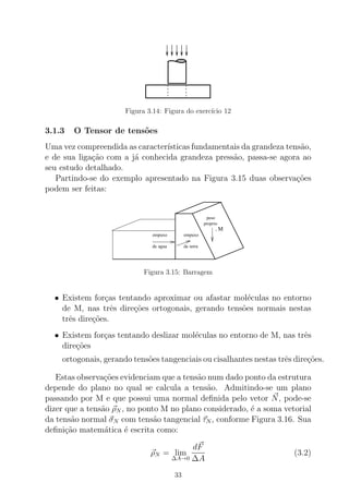 Figura 3.14: Figura do exerc´ıcio 12
3.1.3 O Tensor de tens˜oes
Uma vez compreendida as caracter´ısticas fundamentais da grandeza tens˜ao,
e de sua liga¸c˜ao com a j´a conhecida grandeza press˜ao, passa-se agora ao
seu estudo detalhado.
Partindo-se do exemplo apresentado na Figura 3.15 duas observa¸c˜oes
podem ser feitas:
. M
proprio
peso
empuxo
terradeaguade
empuxo
Figura 3.15: Barragem
• Existem for¸cas tentando aproximar ou afastar mol´eculas no entorno
de M, nas trˆes dire¸c˜oes ortogonais, gerando tens˜oes normais nestas
trˆes dire¸c˜oes.
• Existem for¸cas tentando deslizar mol´eculas no entorno de M, nas trˆes
dire¸c˜oes
ortogonais, gerando tens˜oes tangenciais ou cisalhantes nestas trˆes dire¸c˜oes.
Estas observa¸c˜oes evidenciam que a tens˜ao num dado ponto da estrutura
depende do plano no qual se calcula a tens˜ao. Admitindo-se um plano
passando por M e que possui uma normal deﬁnida pelo vetor N, pode-se
dizer que a tens˜ao ρN , no ponto M no plano considerado, ´e a soma vetorial
da tens˜ao normal σN com tens˜ao tangencial τN, conforme Figura 3.16. Sua
deﬁni¸c˜ao matem´atica ´e escrita como:
ρN = lim
∆A→0
dF
∆A
(3.2)
33
 