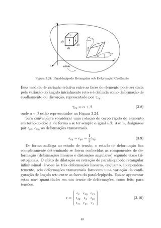 Figura 3.24: Paralelep´ıpedo Retangular sob Deforma¸c˜ao Cisalhante
Essa medida de varia¸c˜ao relativa entre as faces do elemento pode ser dada
pela varia¸c˜ao do ˆangulo inicialmente reto e ´e deﬁnida como deforma¸c˜ao de
cisalhamento ou distor¸c˜ao, representado por γxy:
γxy = α + β (3.8)
onde α e β est˜ao representados na Figura 3.24.
Ser´a conveniente considerar uma rota¸c˜ao de corpo r´ıgido do elemento
em torno do eixo x, de forma a se ter sempre α igual a β. Assim, designa-se
por ǫyz, ǫzy, as deforma¸c˜oes transversais.
ǫxy = ǫyx =
1
2
γxy (3.9)
De forma an´aloga ao estado de tens˜ao, o estado de deforma¸c˜ao ﬁca
completamente determinado se forem conhecidas as componentes de de-
forma¸c˜ao (deforma¸c˜oes lineares e distor¸c˜oes angulares) segundo eixos tri-
ortogonais. O efeito de dilata¸c˜ao ou retra¸c˜ao do paralelep´ıpedo retangular
inﬁnitesimal deve-se `as trˆes deforma¸c˜oes lineares, enquanto, independen-
temente, seis deforma¸c˜oes transversais fornecem uma varia¸c˜ao da conﬁ-
gura¸c˜ao de ˆangulo reto entre as faces do paralelep´ıpedo. Usa-se apresentar
estas nove quantidades em um tensor de deforma¸c˜oes, como feito para
tens˜oes.
ǫ =





ǫx ǫxy ǫxz
ǫxy ǫy ǫyz
ǫxz ǫyz ǫz





(3.10)
40
 