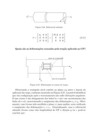 x
y
z
P
Figura 3.26: Referencial adotado
σ =





σx 0 0
0 0 0
0 0 0





=





P/A 0 0
0 0 0
0 0 0





(3.11)
Quais s˜ao as deforma¸c˜oes causadas pela tra¸c˜ao aplicada ao CP?
x
y
a
b c
d
antes do carregamento
depois do carregamento
Figura 3.27: Deforma¸c˜oes no ensaio de tra¸c˜ao
Observando o retˆangulo abcd contido no plano xy antes e depois da
aplica¸c˜ao da carga, conforme mostrado na Figura 3.27, ´e poss´ıvel identiﬁcar
que sua conﬁgura¸c˜ao ap´os o tracionamento n˜ao sofre distor¸c˜oes angulares.
O que ocorre ´e um alongamento dos lados bc e ad e um encurtamento dos
lados ab e cd, caracterizando o surgimento das deforma¸c˜oes ǫx e ǫy. Obvi-
amente, caso tivesse sido escolhido o plano xz para an´alise, seria veriﬁcado
o surgimento das deforma¸c˜oes ǫx e ǫz. Generalizando, caso o referencial
adotado tivesse como eixo longitudinal do CP a dire¸c˜ao y ou z pode-se
concluir que:
42
 