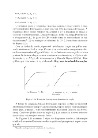 • σx causa ǫx, ǫy e ǫz;
• σy causa ǫx, ǫy e ǫz;
• σz causa ǫx, ǫy e ǫz;
O pr´oximo passo ´e relacionar matematicamente estas tens˜oes e suas
correspondentes deforma¸c˜oes, o que pode ser feito no ensaio de tra¸c˜ao. A
realiz˜a¸c˜ao deste ensaio consiste em acoplar o CP a m´aquina de ensaio e
tracion´a-lo continuamente. Durante o ensaio, mede-se a carga P de tra¸c˜ao,
o alongamento ∆L da parte do CP contida entre as extremidades de um
extensˆometro3
(L) e a varia¸c˜ao do diˆametro do CP ∆D conforme mostrado
na Figura 3.25.
Com os dados do ensaio, ´e poss´ıvel inicialmente tra¸car um gr´aﬁco con-
tendo no eixo vertical a carga P e no eixo horizontal o alongamento ∆L,
conforme mostrado na Figura 3.28(a). Atrav´es de uma mudan¸ca de vari´aveis
pode-se facilmente chegar a uma rela¸c˜ao entre a tens˜ao σx = P/A e a de-
forma¸c˜ao ǫx = ∆L/L, de acordo com o gr´aﬁco da Figura 3.28(b). Este
gr´aﬁco, que relaciona ǫx e σx ,´e chamado diagrama tens˜ao-deforma¸c˜ao.
P
∆L
(a) Diagrama P × ∆L
ε
σ
x
x
(b) Diagrama σx × ǫx - Tens˜ao-
deforma¸c˜ao
Figura 3.28: Exemplos de diagramas do ensaio de tra¸c˜ao
A forma do diagrama tens˜ao deforma¸c˜ao depende do tipo de material.
Existem materiais de comportamento linear, ou pelo menos com uma regi˜ao
linear (a¸co, alum´ınio), e de comportamento n˜ao-linear (maioria das borra-
chas). Conforme j´a destacado na se¸c˜ao 1.2.2, os materiais a serem tratados
neste curso tˆem comportamento linear.
As Figuras 3.29 mostram 3 tipos de diagramas tens˜ao x deforma¸c˜ao
obtidos dos ensaios.Destacam-se destes gr´aﬁcos alguns pontos importantes,
que s˜ao:
3
Aparelho usado para medir a varia¸c˜ao do comprimento
43
 