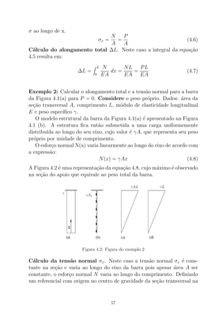 σ ao longo de x.
σx =
N
A
=
P
A
(4.6)
C´alculo do alongamento total ∆L. Neste caso a integral da equa¸c˜ao
4.5 resulta em:
∆L =
L
0
N
EA
dx =
NL
EA
=
PL
EA
(4.7)
Exemplo 2: Calcular o alongamento total e a tens˜ao normal para a barra
da Figura 4.1(a) para P = 0. Considere o peso pr´oprio. Dados: ´area da
se¸c˜ao transversal A, comprimento L, m´odulo de elasticidade longitudinal
E e peso espec´ıﬁco γ.
O modelo estrutural da barra da Figura 4.1(a) ´e apresentado na Figura
4.1 (b). A estrutura ﬁca ent˜ao submetida a uma carga uniformemente
distribu´ıda ao longo do seu eixo, cujo valor ´e γA, que representa seu peso
pr´oprio por unidade de comprimento.
O esfor¸co normal N(x) varia linearmente ao longo do eixo de acordo com
a express˜ao:
N(x) = γAx (4.8)
A Figura 4.2 ´e uma representa¸c˜ao da equa¸c˜ao 4.8, cujo m´aximo ´e observado
na se¸c˜ao do apoio que equivale ao peso total da barra.
Figura 4.2: Figura do exemplo 2
C´alculo da tens˜ao normal σx. Neste caso a tens˜ao normal σx ´e cons-
tante na se¸c˜ao e varia ao longo do eixo da barra pois apesar ´area A ser
constante, o esfor¸co normal N varia ao longo do comprimento. Deﬁnindo
um referencial com origem no centro de gravidade da se¸c˜ao transversal na
57
 
