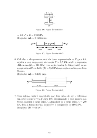 20
4
12
4
4 88
Figura 4.6: Figura do exerc´ıcio 4
= 2,0 kN e E = 210 GPa.
Resposta: ∆L = 0, 0286 mm.
FF PP
250mm 300mm 250mm
Figura 4.7: Figura do exerc´ıcio 5
6. Calcular o alongamento total da barra representada na Figura 4.8,
sujeita a uma carga axial da tra¸c˜ao F = 5,5 kN, sendo o segmento
AB em a¸co (Ea = 210 GPa) com se¸c˜ao circular de diˆametro 6,3 mm e
o segmento BC em lat˜ao (El = 95 GPa) com se¸c˜ao quadrada de lado
25 mm.
Resposta: ∆L = 0,3639 mm.
30 cm40 cm
F F
A
B C
Figura 4.8: Figura do exerc´ıcio 6
7. Uma coluna curta ´e constitu´ıda por dois tubos de a¸co , colocados
um sobre o outro (veja Figura 4.9). Desprezando o peso pr´oprio dos
tubos, calcular a carga axial P1 admiss´ıvel, se a carga axial P2 = 200
kN, dada a tens˜ao normal admiss´ıvel a compress˜ao de 100 MPa.
Resposta: (P1 = 60 kN).
62
 