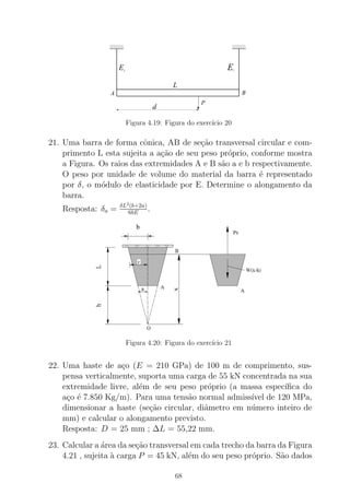 E1
E2
0000
0000
0000
1111
1111
1111
00000
00000
0000000000
11111
11111
1111111111
P
A B
d
L
Figura 4.19: Figura do exerc´ıcio 20
21. Uma barra de forma cˆonica, AB de se¸c˜ao transversal circular e com-
primento L esta sujeita a a¸c˜ao de seu peso pr´oprio, conforme mostra
a Figura. Os raios das extremidades A e B s˜ao a e b respectivamente.
O peso por unidade de volume do material da barra ´e representado
por δ, o m´odulo de elasticidade por E. Determine o alongamento da
barra.
Resposta: δa = δL2
(b+2a)
6bE .
Figura 4.20: Figura do exerc´ıcio 21
22. Uma haste de a¸co (E = 210 GPa) de 100 m de comprimento, sus-
pensa verticalmente, suporta uma carga de 55 kN concentrada na sua
extremidade livre, al´em de seu peso pr´oprio (a massa espec´ıﬁca do
a¸co ´e 7.850 Kg/m). Para uma tens˜ao normal admiss´ıvel de 120 MPa,
dimensionar a haste (se¸c˜ao circular, diˆametro em n´umero inteiro de
mm) e calcular o alongamento previsto.
Resposta: D = 25 mm ; ∆L = 55,22 mm.
23. Calcular a ´area da se¸c˜ao transversal em cada trecho da barra da Figura
4.21 , sujeita `a carga P = 45 kN, al´em do seu peso pr´oprio. S˜ao dados
68
 
