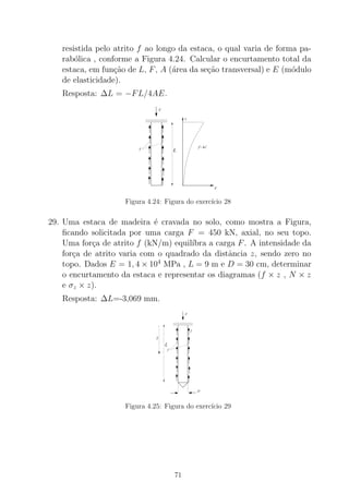 resistida pelo atrito f ao longo da estaca, o qual varia de forma pa-
rab´olica , conforme a Figura 4.24. Calcular o encurtamento total da
estaca, em fun¸c˜ao de L, F, A (´area da se¸c˜ao transversal) e E (m´odulo
de elasticidade).
Resposta: ∆L = −FL/4AE.
0000000000000000000000
0000000000000000000000
1111111111111111111111
1111111111111111111111 x
F
Lf
f= kx2
F
Figura 4.24: Figura do exerc´ıcio 28
29. Uma estaca de madeira ´e cravada no solo, como mostra a Figura,
ﬁcando solicitada por uma carga F = 450 kN, axial, no seu topo.
Uma for¸ca de atrito f (kN/m) equil´ıbra a carga F. A intensidade da
for¸ca de atrito varia com o quadrado da distˆancia z, sendo zero no
topo. Dados E = 1, 4 × 104
MPa , L = 9 m e D = 30 cm, determinar
o encurtamento da estaca e representar os diagramas (f × z , N × z
e σz × z).
Resposta: ∆L=-3,069 mm.
0000000000000000000000
00000000000
1111111111111111111111
11111111111
F
f
D
z
L
f
Figura 4.25: Figura do exerc´ıcio 29
71
 