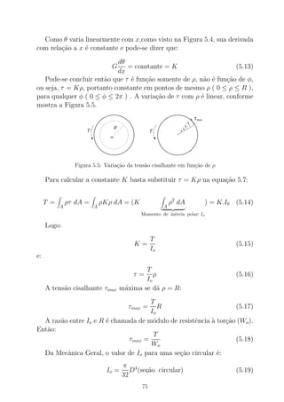 Como θ varia linearmente com x,como visto na Figura 5.4, sua derivada
com rela¸c˜ao a x ´e constante e pode-se dizer que:
G
dθ
dx
= constante = K (5.13)
Pode-se concluir ent˜ao que τ ´e fun¸c˜ao somente de ρ, n˜ao ´e fun¸c˜ao de φ,
ou seja, τ = Kρ, portanto constante em pontos de mesmo ρ ( 0 ≤ ρ ≤ R ),
para qualquer φ ( 0 ≤ φ ≤ 2π ) . A varia¸c˜ao de τ com ρ ´e linear, conforme
mostra a Figura 5.5.
ρ
o
T T
τmax
Figura 5.5: Varia¸c˜ao da tens˜ao cisalhante em fun¸c˜ao de ρ
Para calcular a constante K basta substituir τ = Kρ na equa¸c˜ao 5.7:
T =
A
ρτ dA =
A
ρKρ dA = (K
A
ρ2
dA
Momento de in´ercia polar: Io
) = K.I0 (5.14)
Logo:
K =
T
Io
(5.15)
e:
τ =
T
Io
ρ (5.16)
A tens˜ao cisalhante τmax m´axima se d´a ρ = R:
τmax =
T
Io
R (5.17)
A raz˜ao entre Io e R ´e chamada de m´odulo de resistˆencia `a tor¸c˜ao (Wo).
Ent˜ao:
τmax =
T
Wo
(5.18)
Da Mecˆanica Geral, o valor de Io para uma se¸c˜ao circular ´e:
Io =
π
32
D4
(sec,˜ao circular) (5.19)
75
 