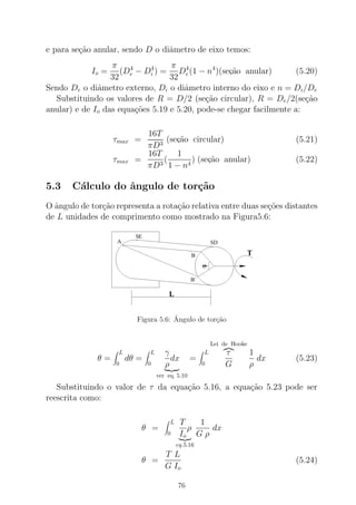 e para se¸c˜ao anular, sendo D o diˆametro de eixo temos:
Io =
π
32
(D4
e − D4
i ) =
π
32
D4
e(1 − n4
)(sec,˜ao anular) (5.20)
Sendo De o diˆametro externo, Di o diˆametro interno do eixo e n = Di/De
Substituindo os valores de R = D/2 (se¸c˜ao circular), R = De/2(se¸c˜ao
anular) e de Io das equa¸c˜oes 5.19 e 5.20, pode-se chegar facilmente a:
τmax =
16T
πD3
(sec,˜ao circular) (5.21)
τmax =
16T
πD3
(
1
1 − n4
) (sec,˜ao anular) (5.22)
5.3 C´alculo do ˆangulo de tor¸c˜ao
O ˆangulo de tor¸c˜ao representa a rota¸c˜ao relativa entre duas se¸c˜oes distantes
de L unidades de comprimento como mostrado na Figura5.6:
Figura 5.6: ˆAngulo de tor¸c˜ao
θ =
L
0
dθ =
L
0
γ
ρ
dx
ver eq. 5.10
=
L
0
Lei de Hooke
τ
G
1
ρ
dx (5.23)
Substituindo o valor de τ da equa¸c˜ao 5.16, a equa¸c˜ao 5.23 pode ser
reescrita como:
θ =
L
0
T
Io
ρ
eq.5.16
1
G ρ
dx
θ =
T L
G Io
(5.24)
76
 