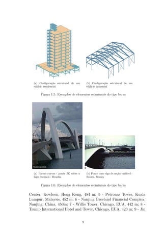 (a) Conﬁgura¸c˜ao estrutural de um
edif´ıcio residencial
(b) Conﬁgura¸c˜ao estrutural de um
edif´ıcio industrial
Figura 1.5: Exemplos de elementos estruturais do tipo barra
(a) Barras curvas - ponte JK sobre o
lago Parano´a - Bras´ılia
(b) Ponte com viga de se¸c˜ao vari´avel -
Rouen, Fran¸ca
Figura 1.6: Exemplos de elementos estruturais do tipo barra
Center, Kowloon, Hong Kong, 484 m; 5 - Petronas Tower, Kuala
Lumpur, Malaysis, 452 m; 6 - Nanjing Greeland Financial Complex,
Nanjing, China, 450m; 7 - Willis Tower, Chicago, EUA, 442 m; 8 -
Trump International Hotel and Tower, Chicago, EUA, 423 m; 9 - Jin
9
 