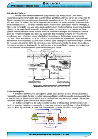 O Ciclo do Fósforo
O fósforo é um elemento essencial por participar das moléculas de DNA e RNA
responsáveis pela transmissão das características genéticas, além de serem os compostos de
fósforo os principais manipuladores de energia nas células vivas. Os principais reservatórios
são as rochas de fosfato, depósitos de guano (excremento de aves marinhas) e depósitos de
animais fossilizados. O fósforo é liberado destes reservatórios por erosão natural e filtração, e
através da mineração e do uso como adubo pelo homem. Parte do fósforo é aproveitado pelas
plantas na forma de fosfatos no solo, entrando, assim, na parte viva do ecossistema. Pode
passar através de vários níveis tróficos antes de retornar ao solo por decomposição. Grande
parte do fosfato carregado pela água ou escavado dos depósitos na rocha é eventualmente
levado pelo mar - o homem e suas atividades mineradoras e distributivas aceleram este
processo. Uma vez no mar, pode ser utilizado em ecossistemas marinhos ou depositado em
sedimentos marinhos rasos ou profundos. Embora parte deste possa ser devolvida por corrente
de ressurgência, grande parte se perde quase que permanentemente. Pode ser devolvido por
processos geológicos de elevação de sedimentos, e, segundo Ehrlich, parece improvável que
no futuro estes serão suficientes para contrabalançar a perda.

Ciclo do Oxigênio
A atmosfera contém 21% de oxigênio, usado pelas plantas e pelos animais durante a
respiração. Além disso, fungos e muitas bactérias utilizam oxigênio quando decompõe plantas
e animais mortos. Queimar madeira e outros combustíveis também exige oxigênio.As plantas
devolvem oxigênio para o ar durante a fotossíntese.
Os ciclos do oxigênio e do carbono estão ligados: a fotossíntese consome dióxido de
carbono e produz oxigênio, a respiração por sua vez, consome o oxigênio e produz dióxido de
carbono. Pela figura abaixo, é mais fácil compreender como se dá o ciclo do oxigênio:

 